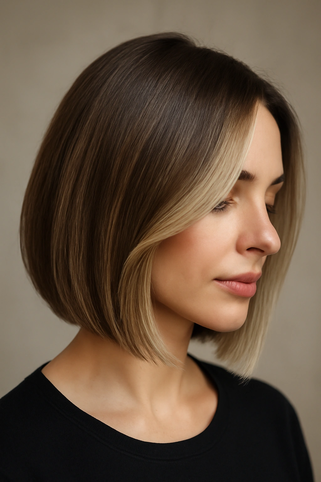 10 Short Haircuts With a Money Piece That Pop 4 Angular lob with soft money pieces blending into hair