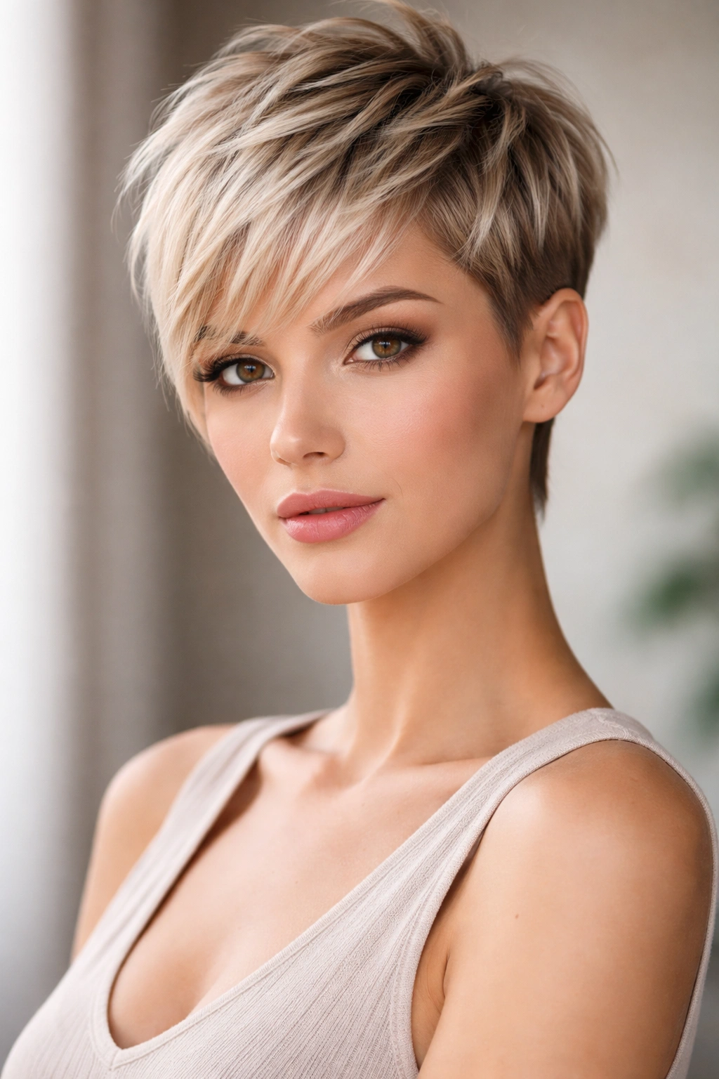 Angular sharp pixie with soft wispy fringe