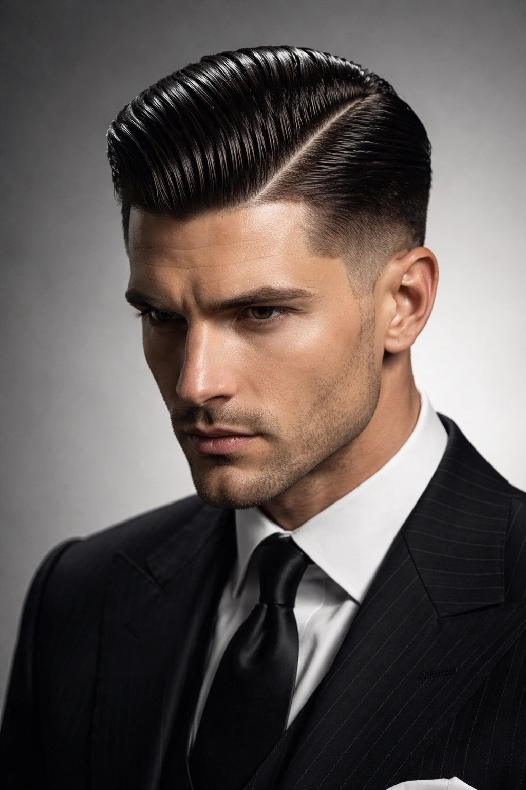 Man with angular slick back and sharp hard part.