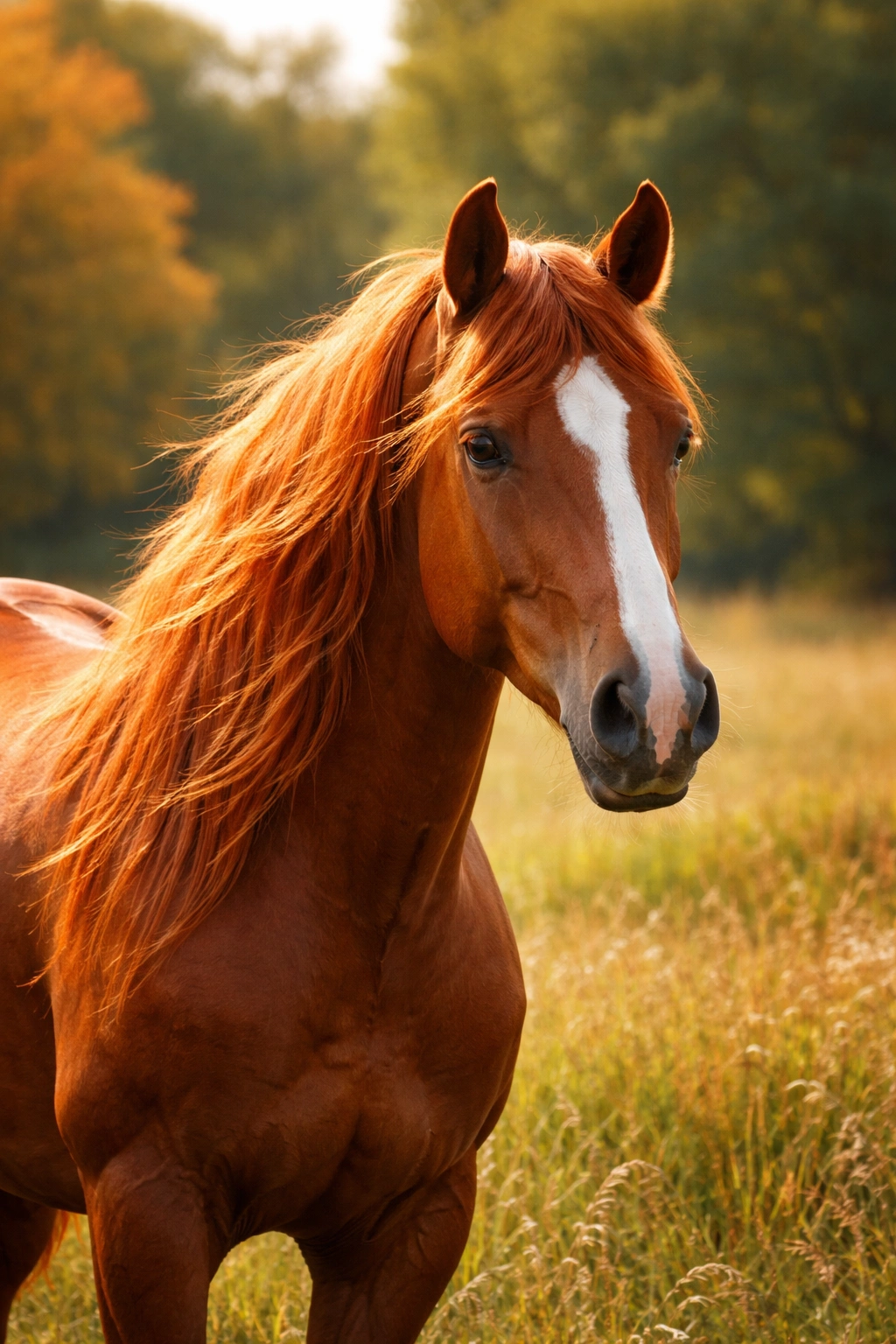 Red-coated horse in a sunlit meadow illustrating MC1R-linked pigmentation across species