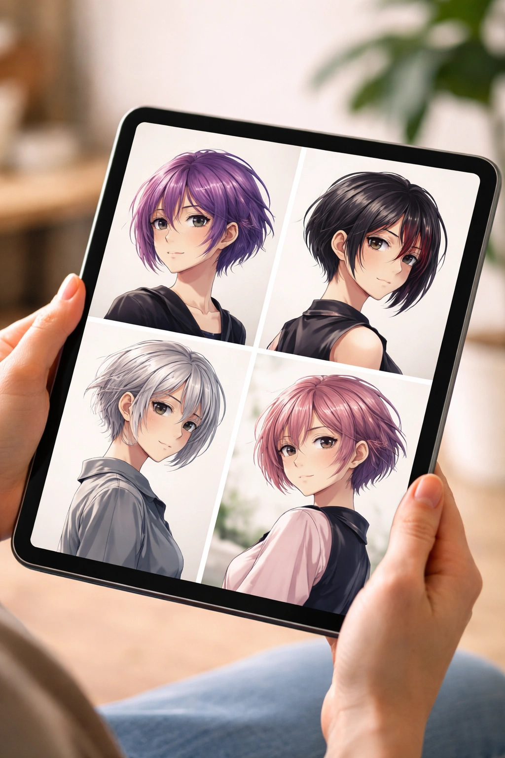 Close-up of a tablet with anime hairstyle references held by a hand