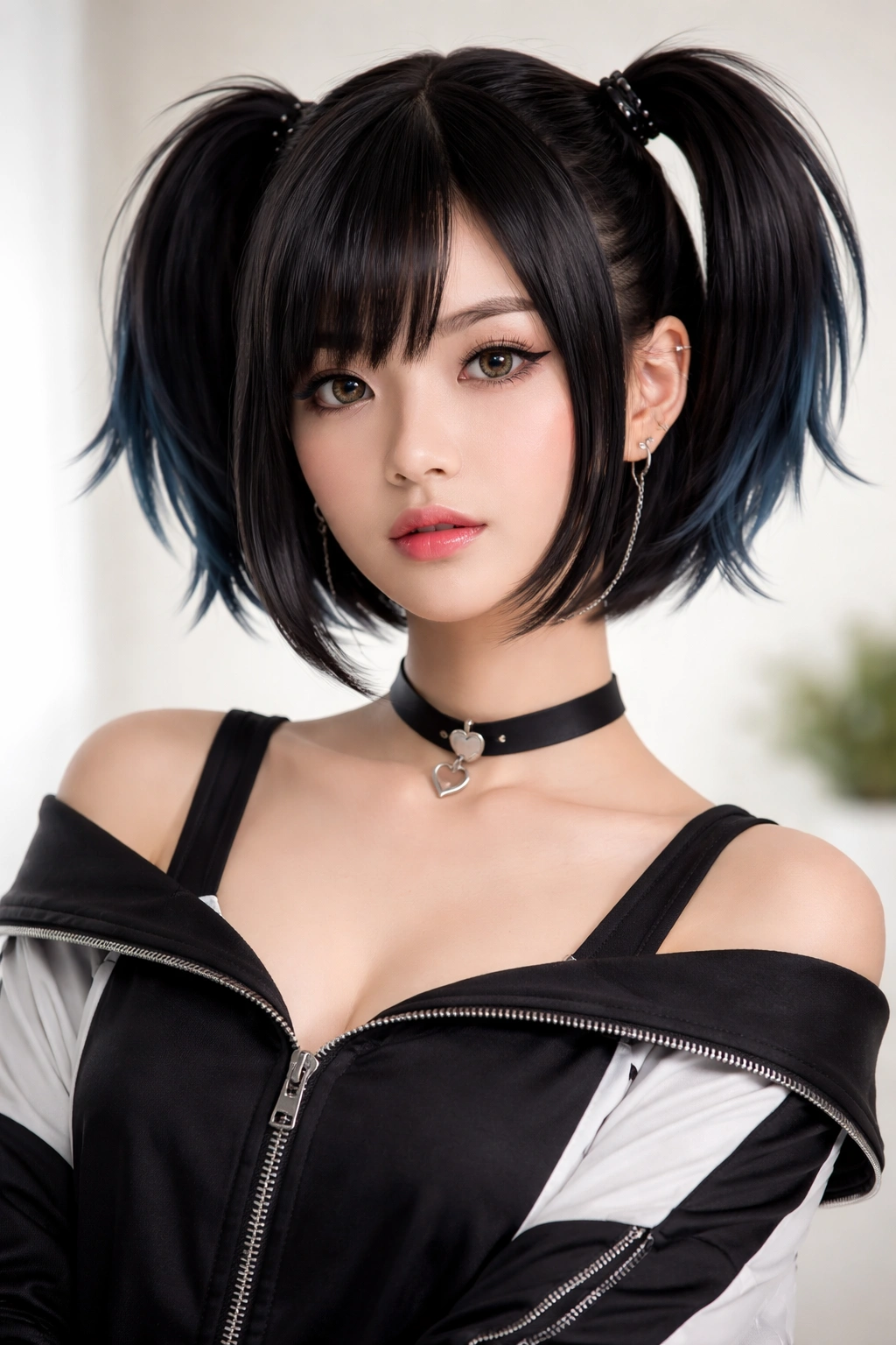 Portrait of a person with sleek twin-tail bob hairstyle in studio lighting