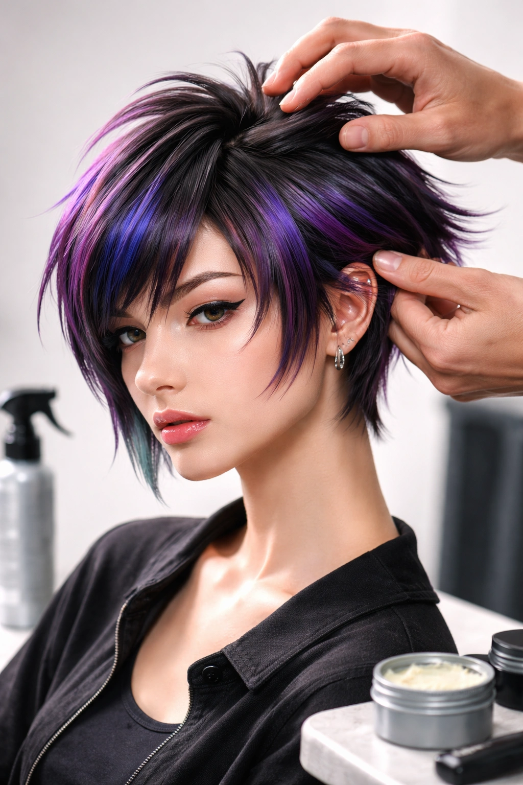 Close-up of anime-inspired hairstyle being styled with hands and tools