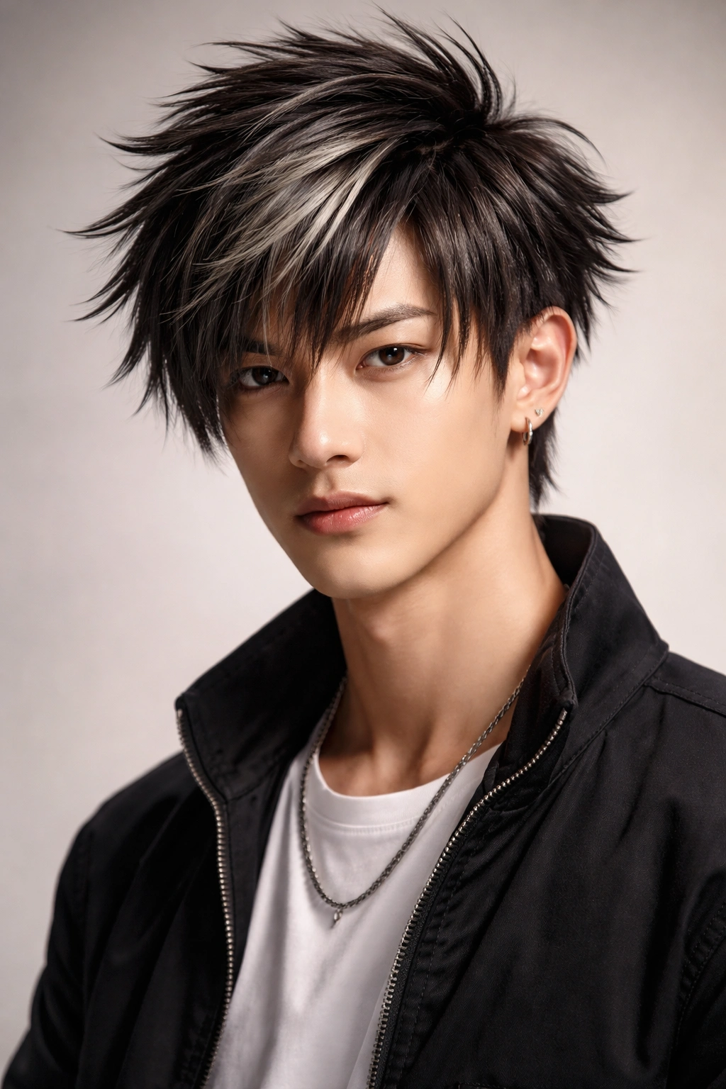 Portrait of a person with a modern anime-inspired hairstyle in a clean studio