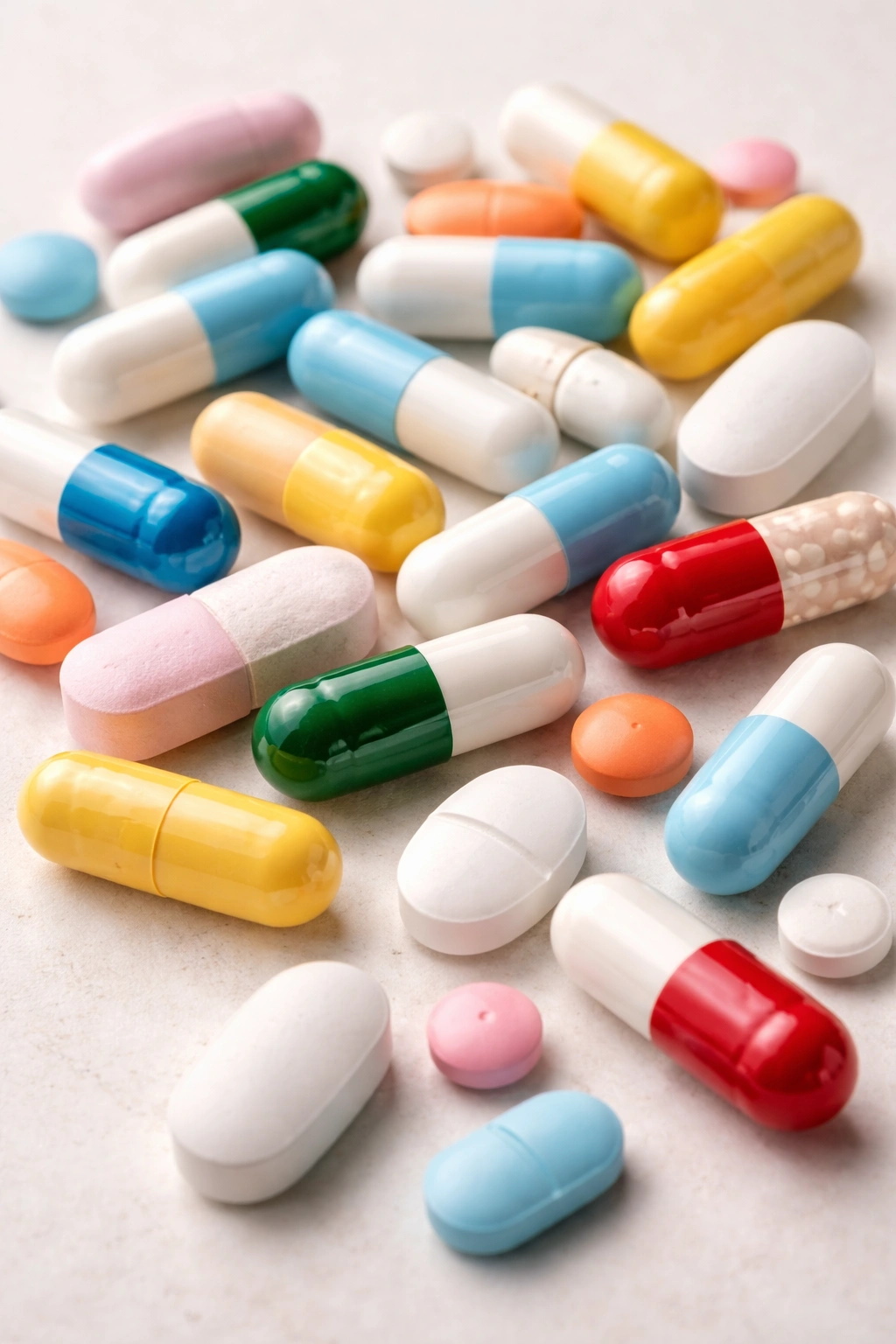 Capsules and pills representing antibiotics on a neutral surface