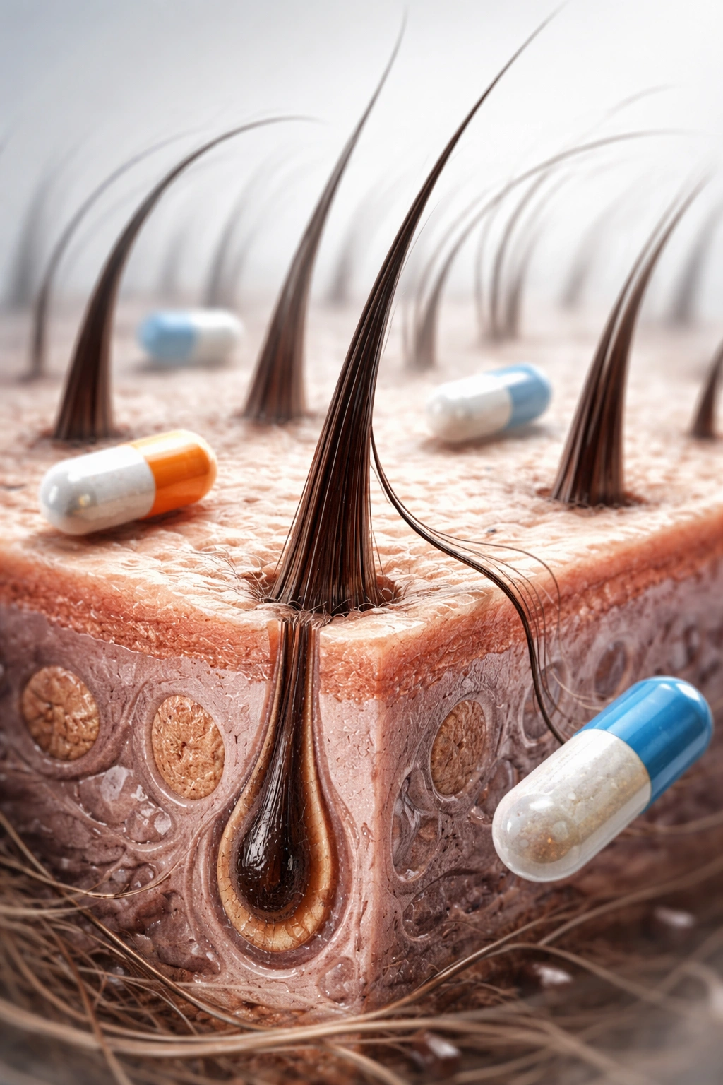 Close-up scalp showing shedding hairs related to antibiotic use