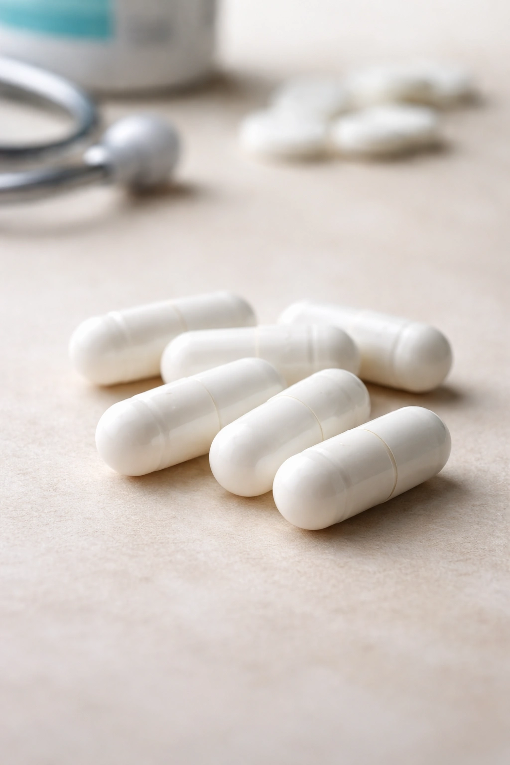 Small white capsules representing antihypertensive medications