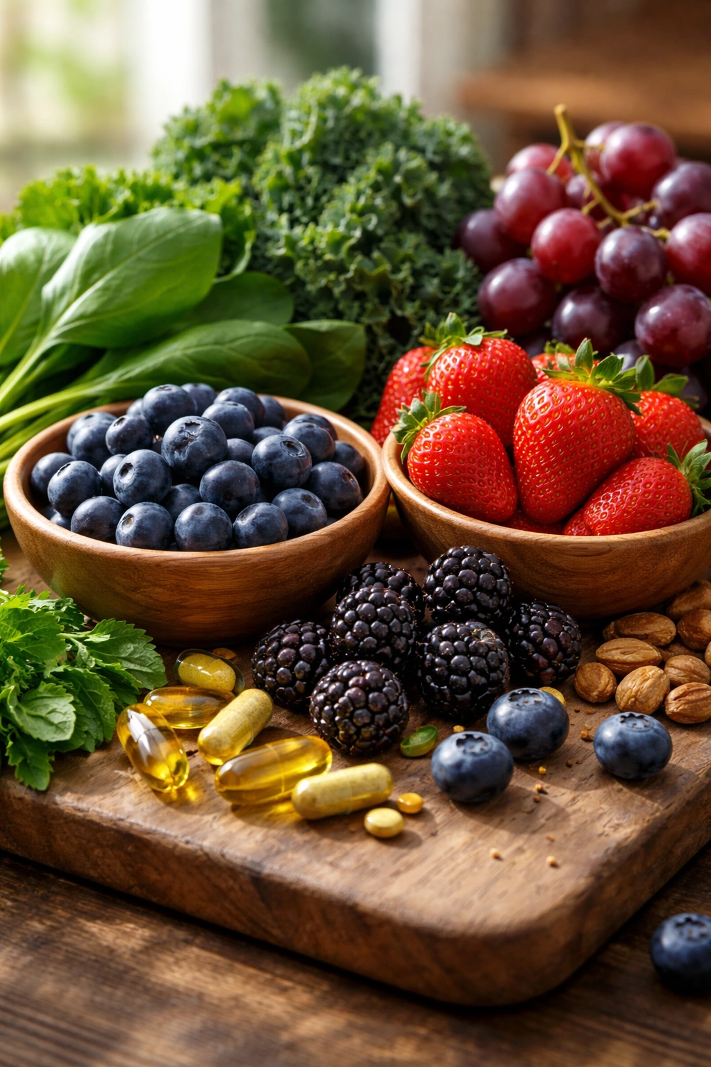 Close-up of antioxidant-rich foods on a wooden board to support hair pigmentation