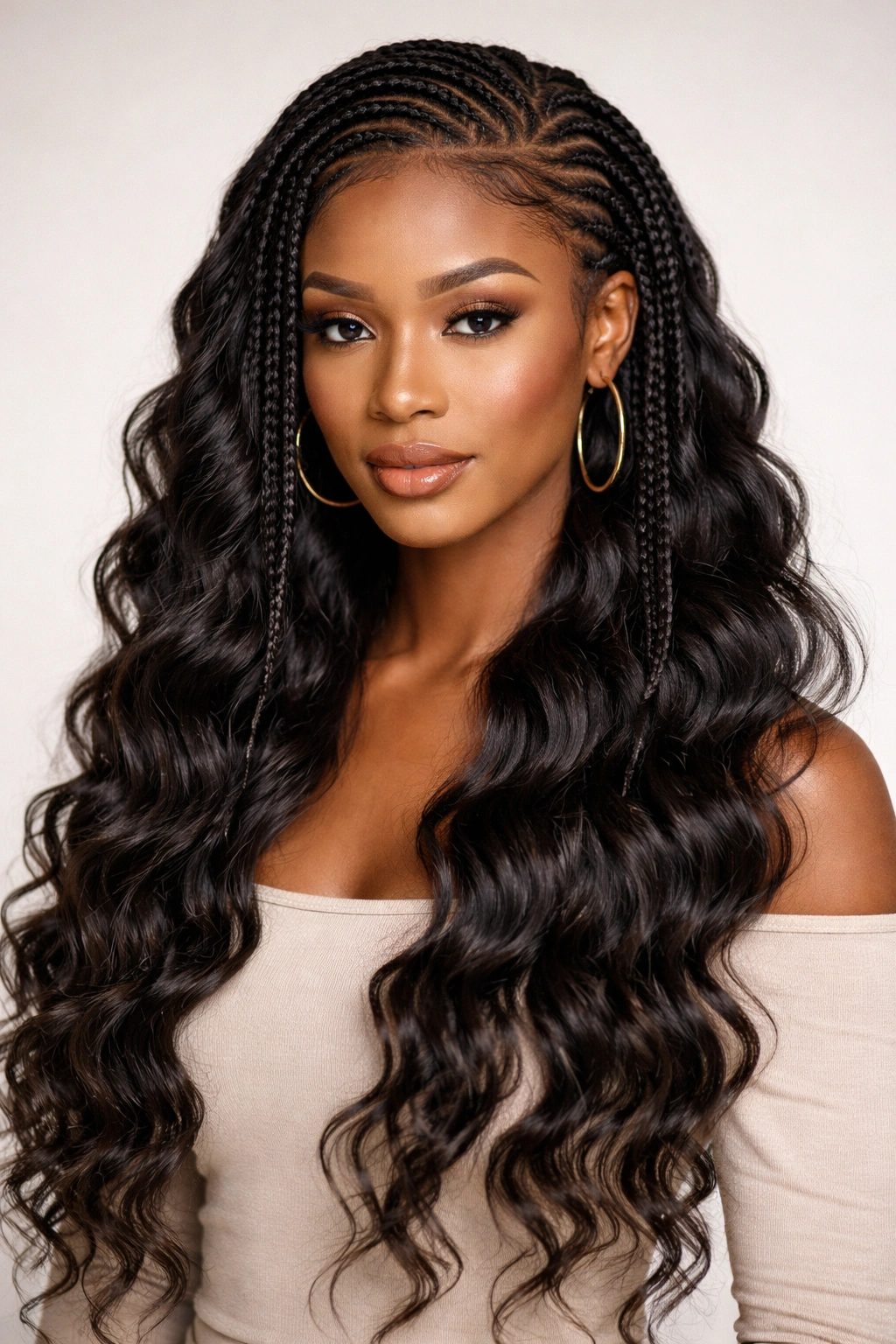 Portrait of appended braids with waves showing synthetic extensions and wave texture