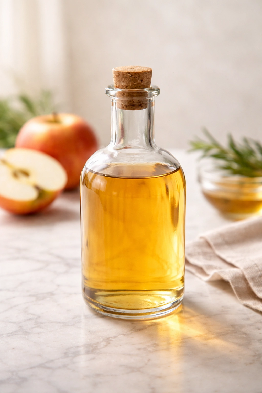 Glass bottle with pale amber liquid, no label, on neutral backdrop