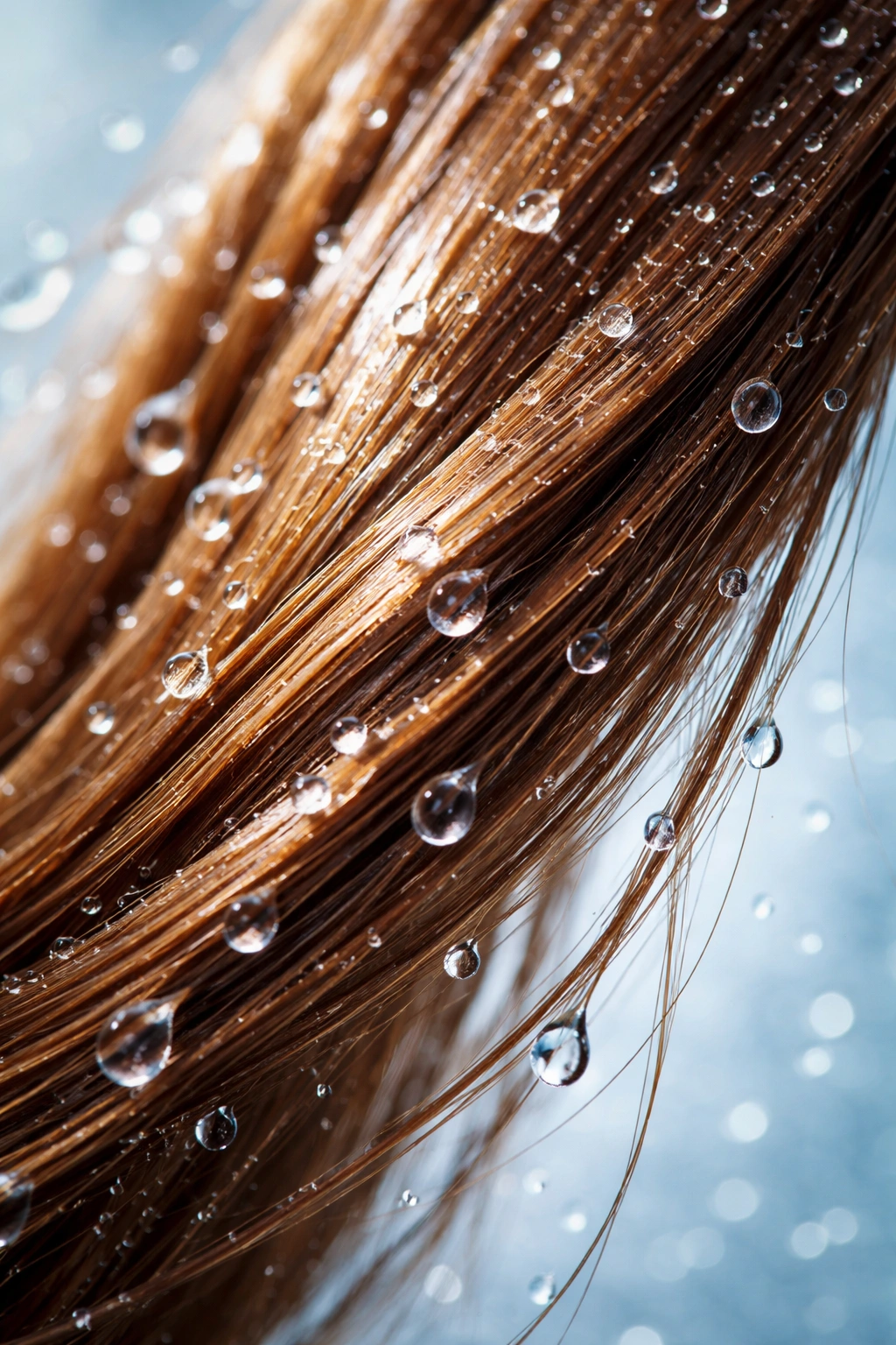 Damp hair with droplets of apple cider vinegar for clarifying rinse