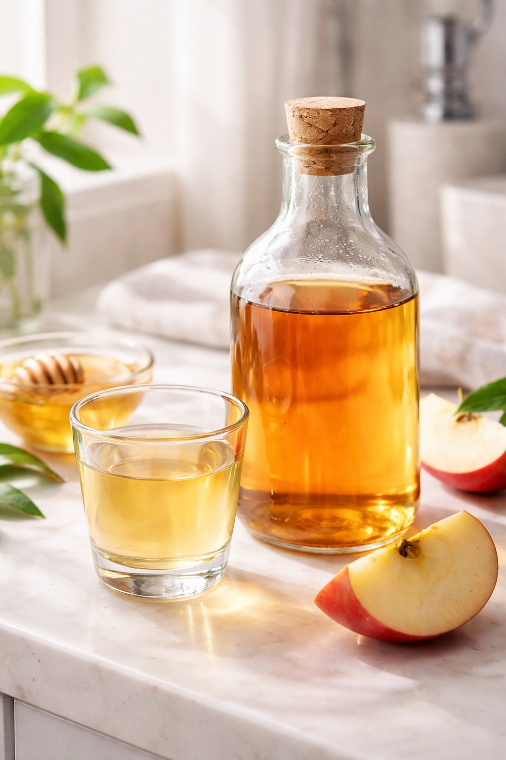 Amber apple cider vinegar bottle with diluted rinse on bathroom counter