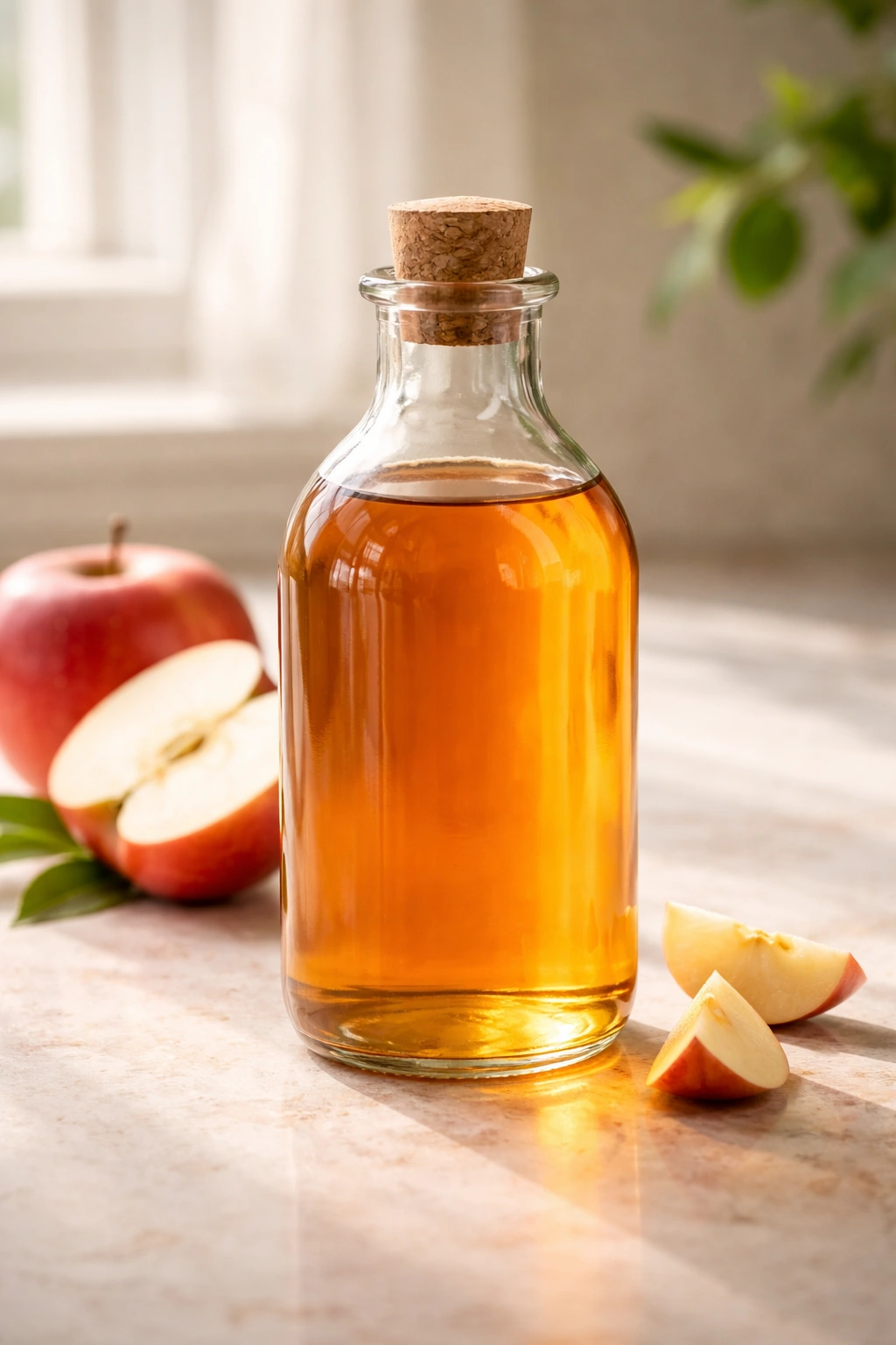 Amber bottle of apple cider vinegar on a neutral surface