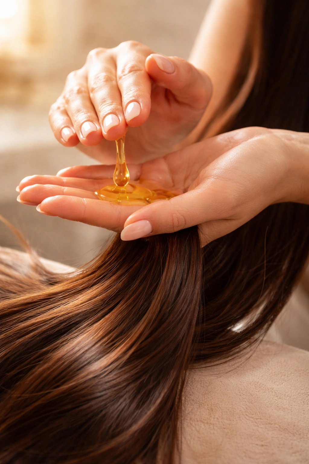 Hand warming hair oil between palms applying to ends
