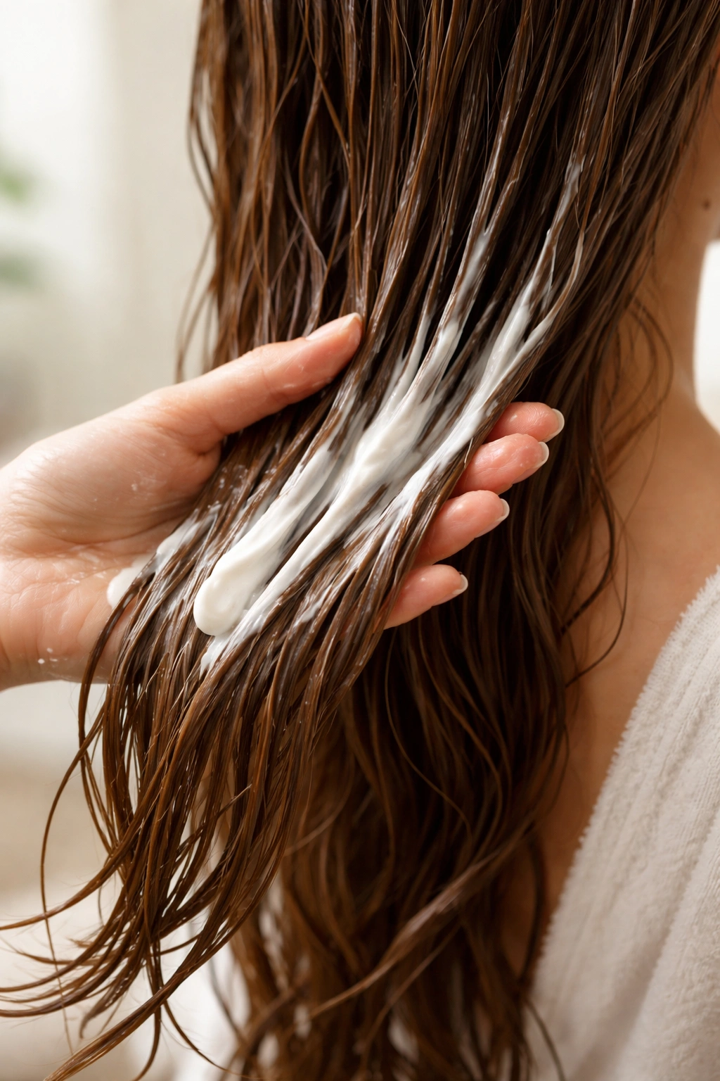 Damp hair strand with conditioner applied to mid-lengths and ends