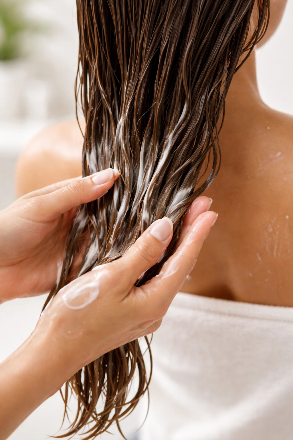 Hands applying conditioner to mid-lengths and ends in a studio setting