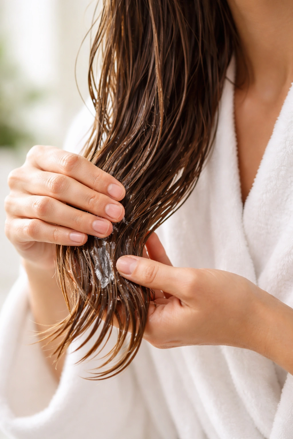 Hands applying gel mid-length to ends