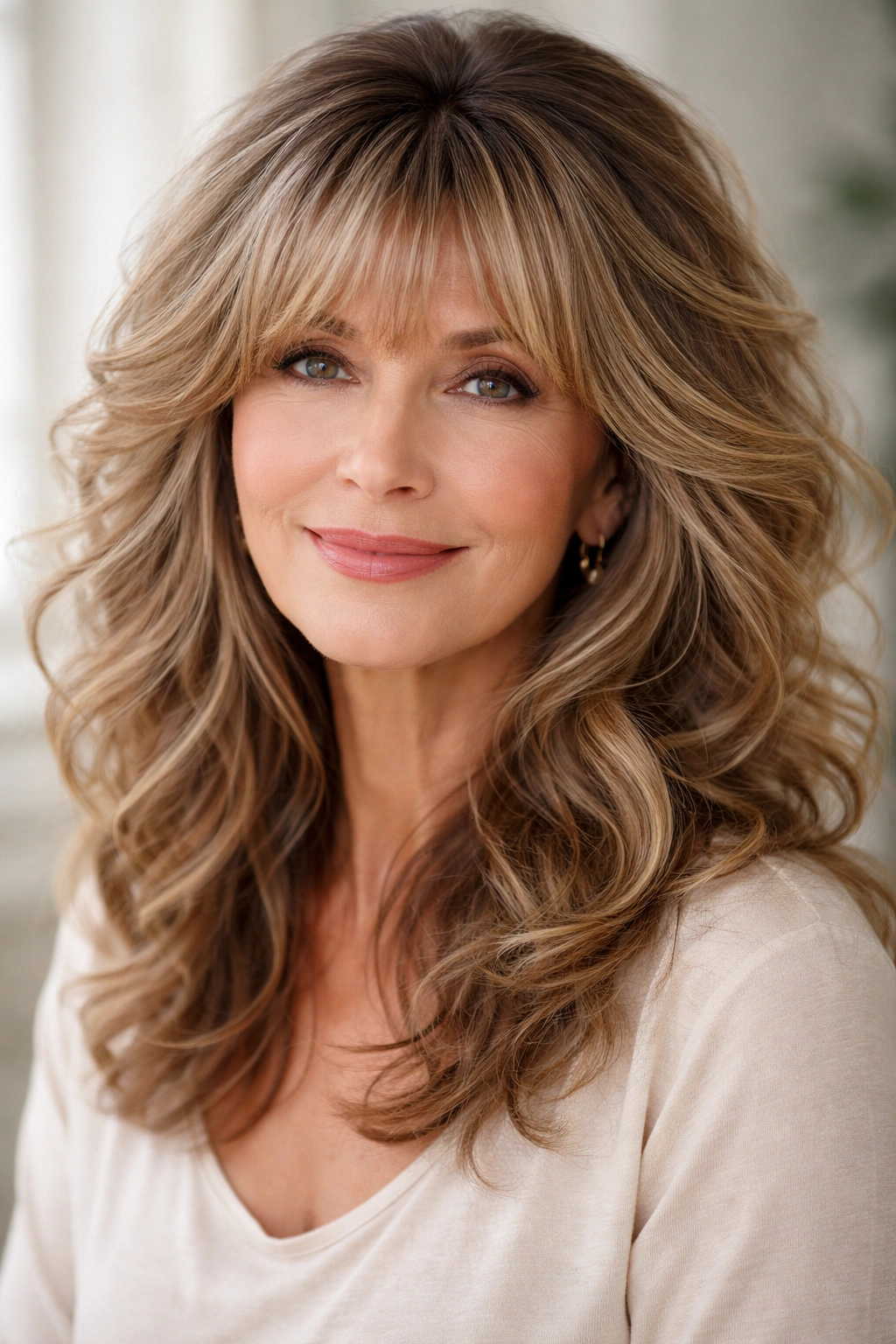 Wavy hair with arched feathered bangs and voluminous shag