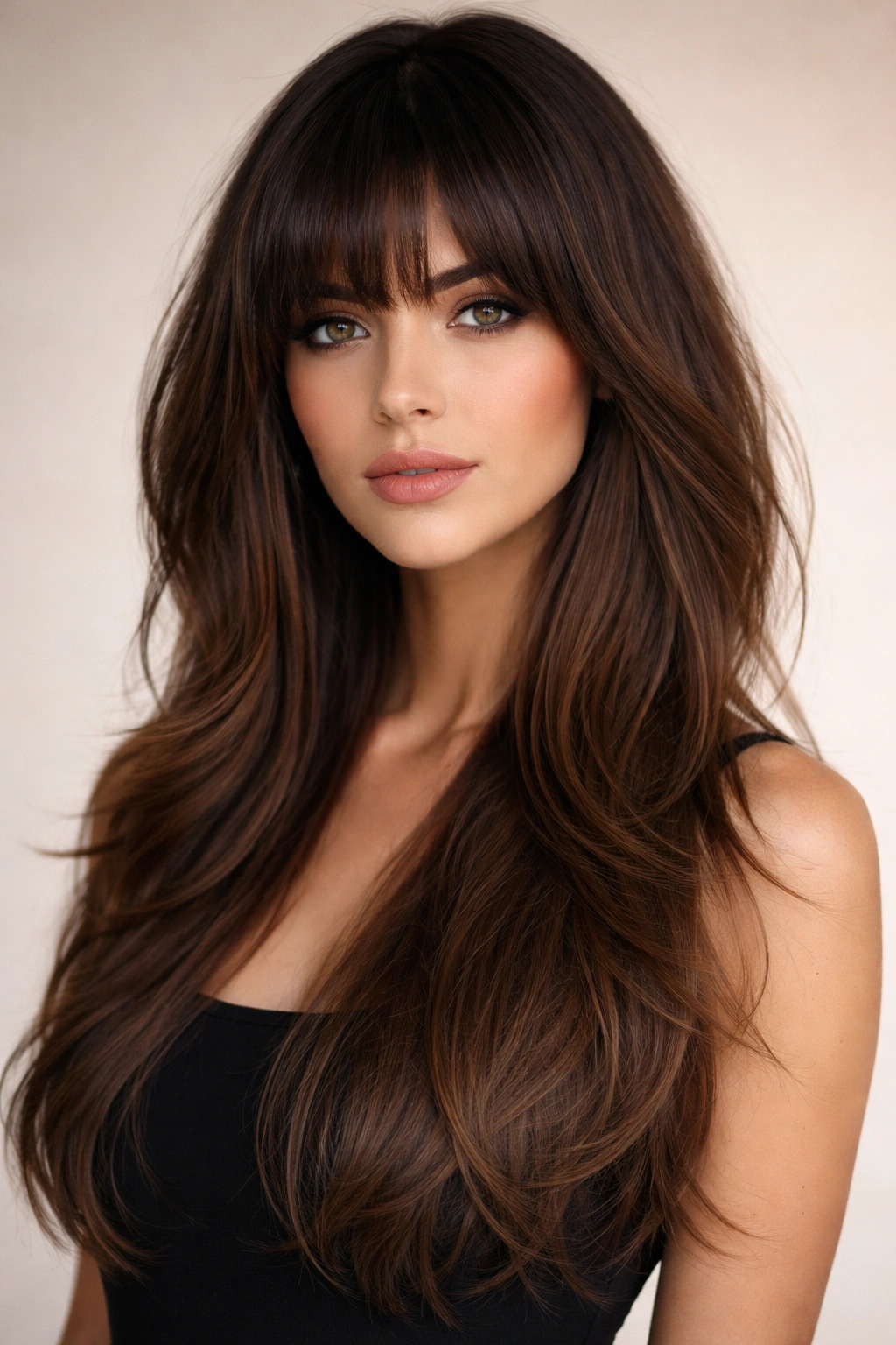 20 Medium Hairstyles With Bangs For Any Face 15 Close-up of bold arched bangs with long layers framing the face