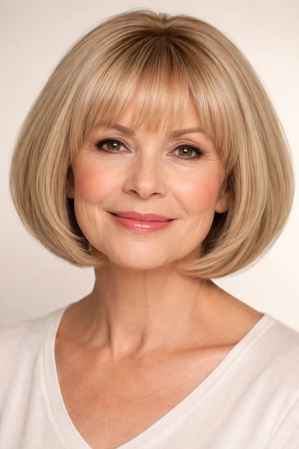 Arched bangs with rounded bob on a mature woman; lifted arch and soft silhouette