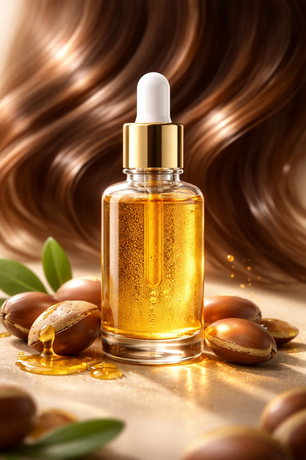 Argan oil bottle with shimmering golden liquid on a minimal background