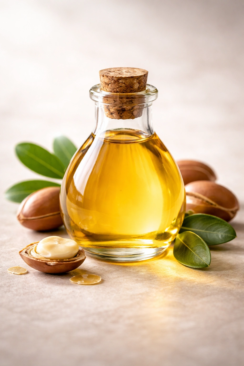 Close-up of a pure argan oil bottle with golden liquid on a neutral background