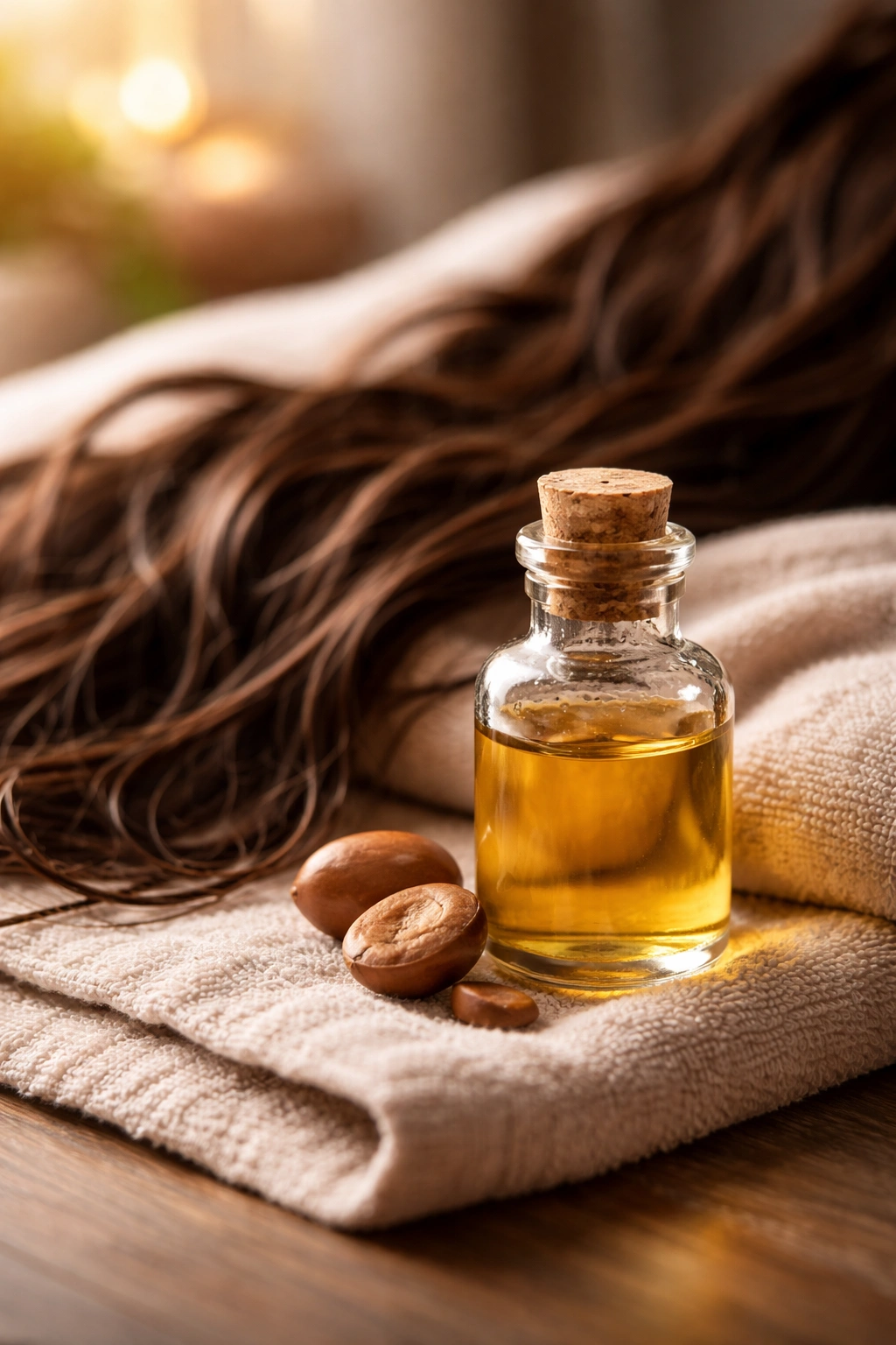 Argan oil bottle and damp hair on towel with warm glow representing final thoughts on usage