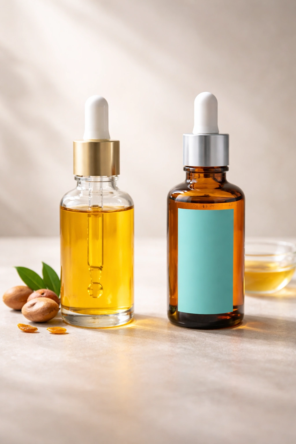 Close-up of two glass oil bottles with golden liquid, symbolizing argan oil and a generic treatment