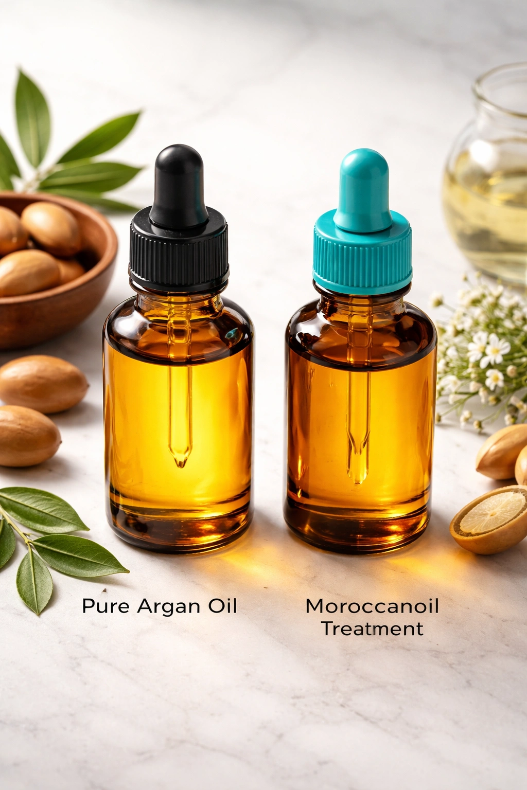 Two unlabeled glass oil bottles on a light surface, argan oil and Moroccanoil treatment