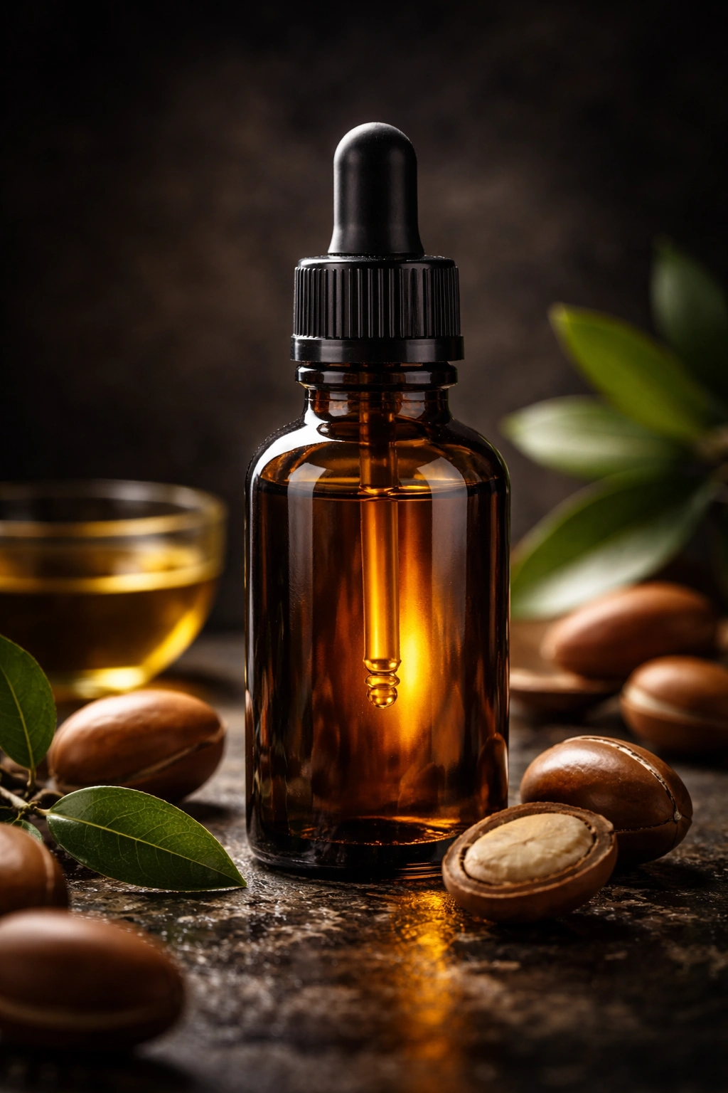 Dark glass argan oil bottle on a dark backdrop