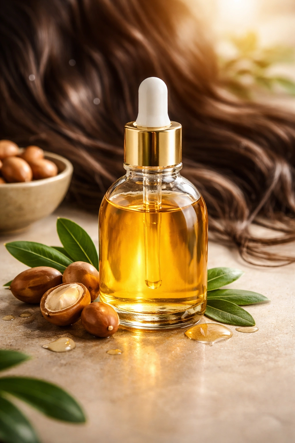 Argan oil bottle with warm amber glow on a neutral background