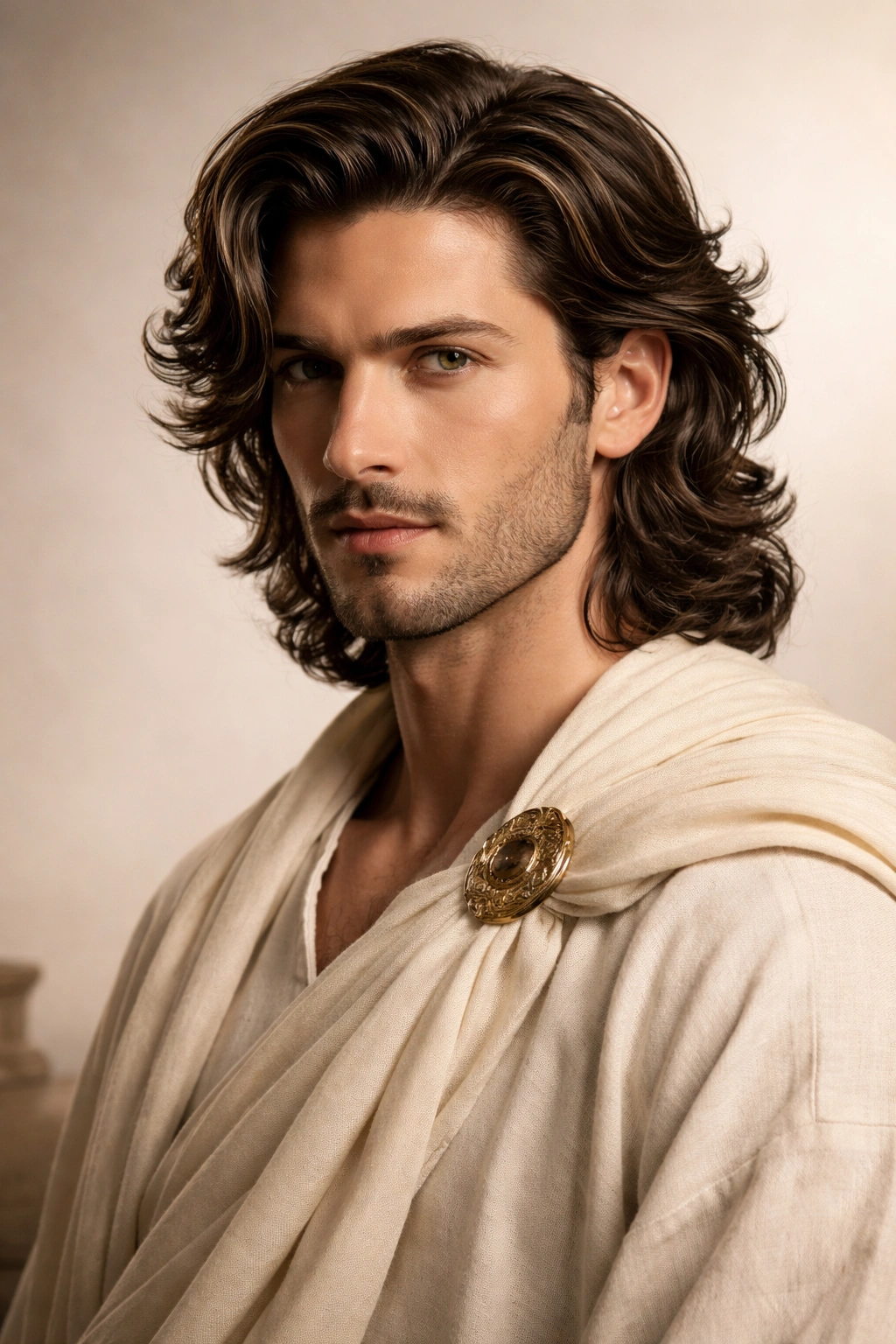 Portrait of a man with medium-length wavy hair in a studio setting