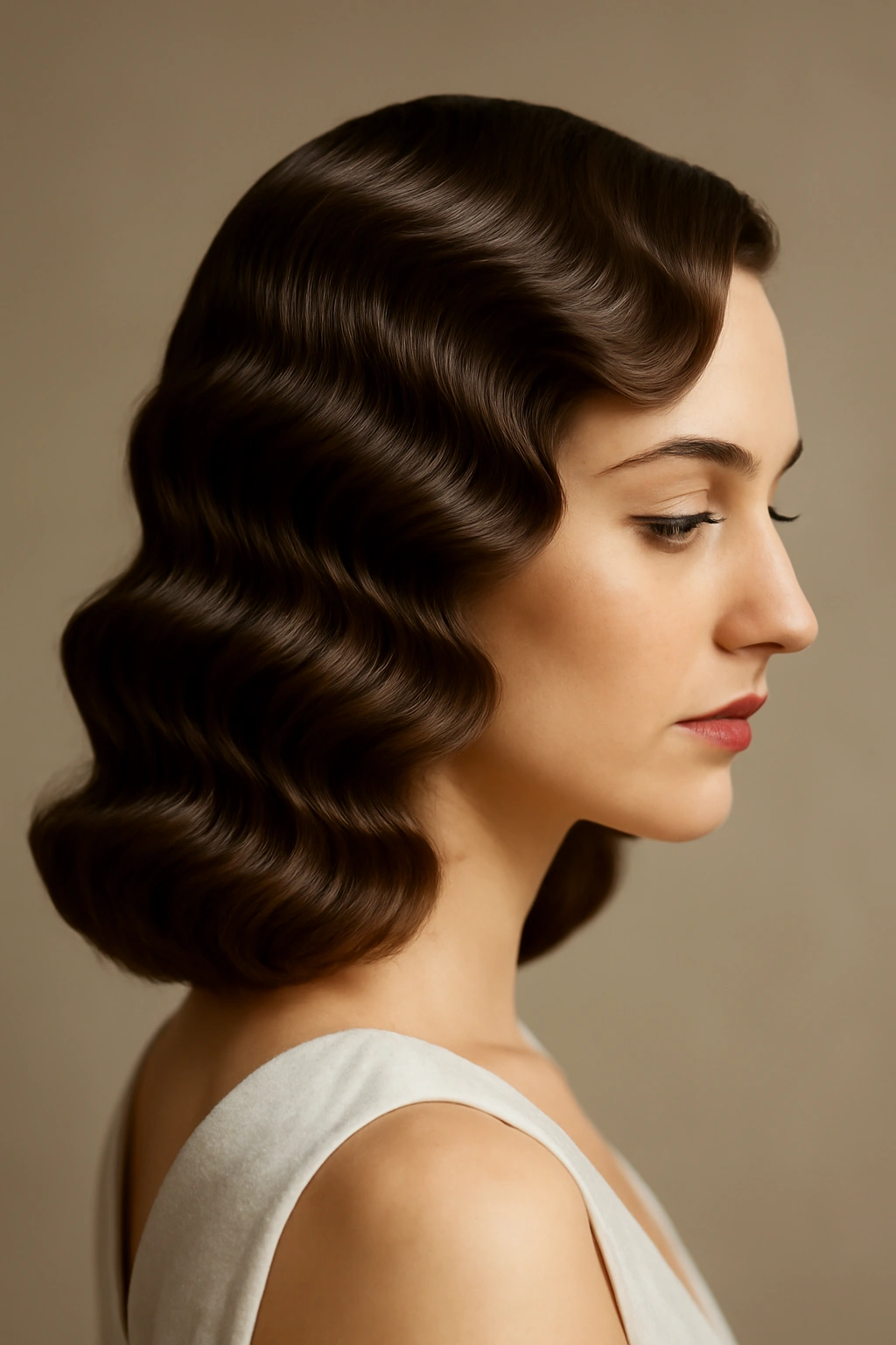 25 Wedding Hairstyles From Pixie Cuts to Long Waves 13 Art Deco waves hairstyle with bold geometric patterns and deep side part on long hair