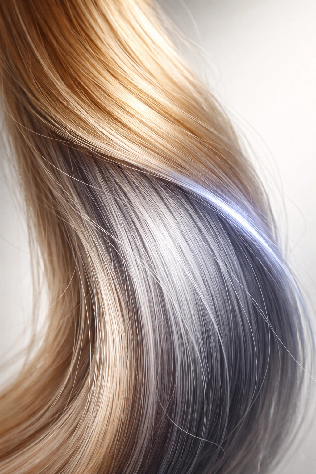 Hair strand with ash/beige toning to counter brassiness using demi-permanent color