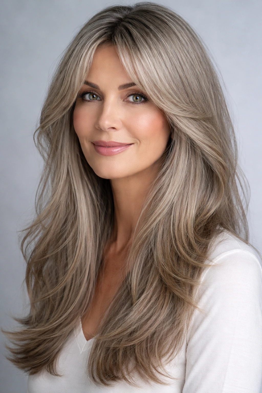 Close-up portrait with ash-blonde hair and long curtain bangs