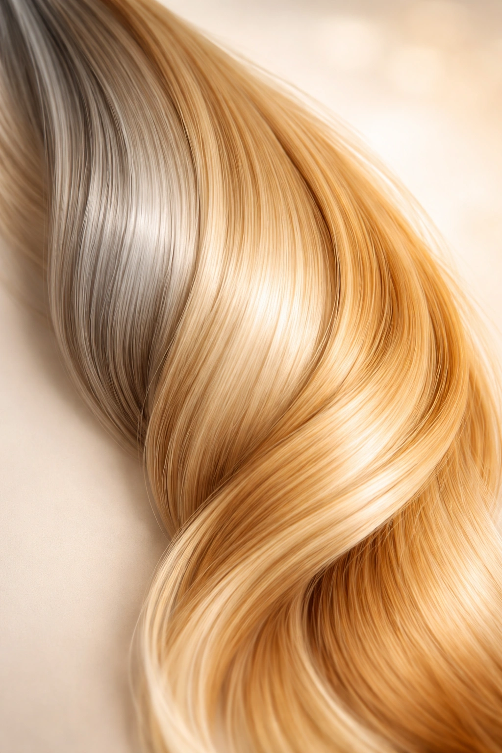 Hair strand gradient from ash to honey showing undertones