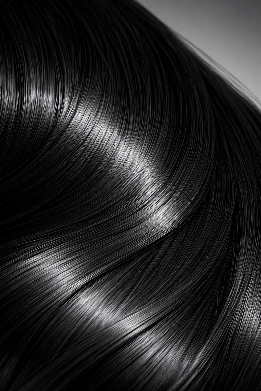 Macro close-up of thick straight Asian hair showing density and shine
