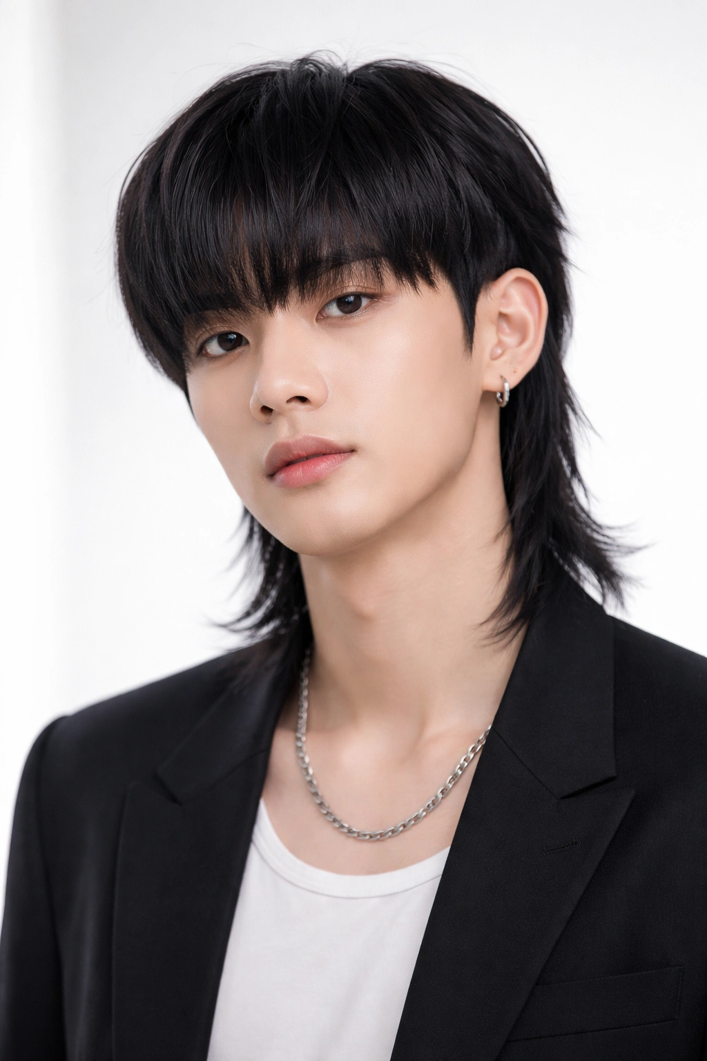 Portrait of a person with Asian Mullet featuring blunt fringe and sleek layers