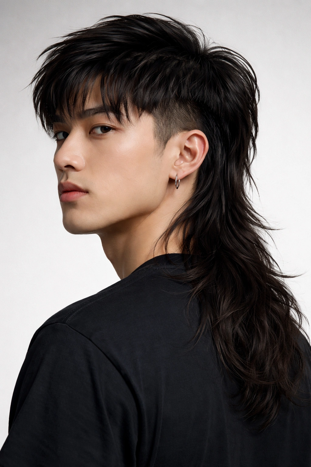 Asian man with modern mullet featuring long back