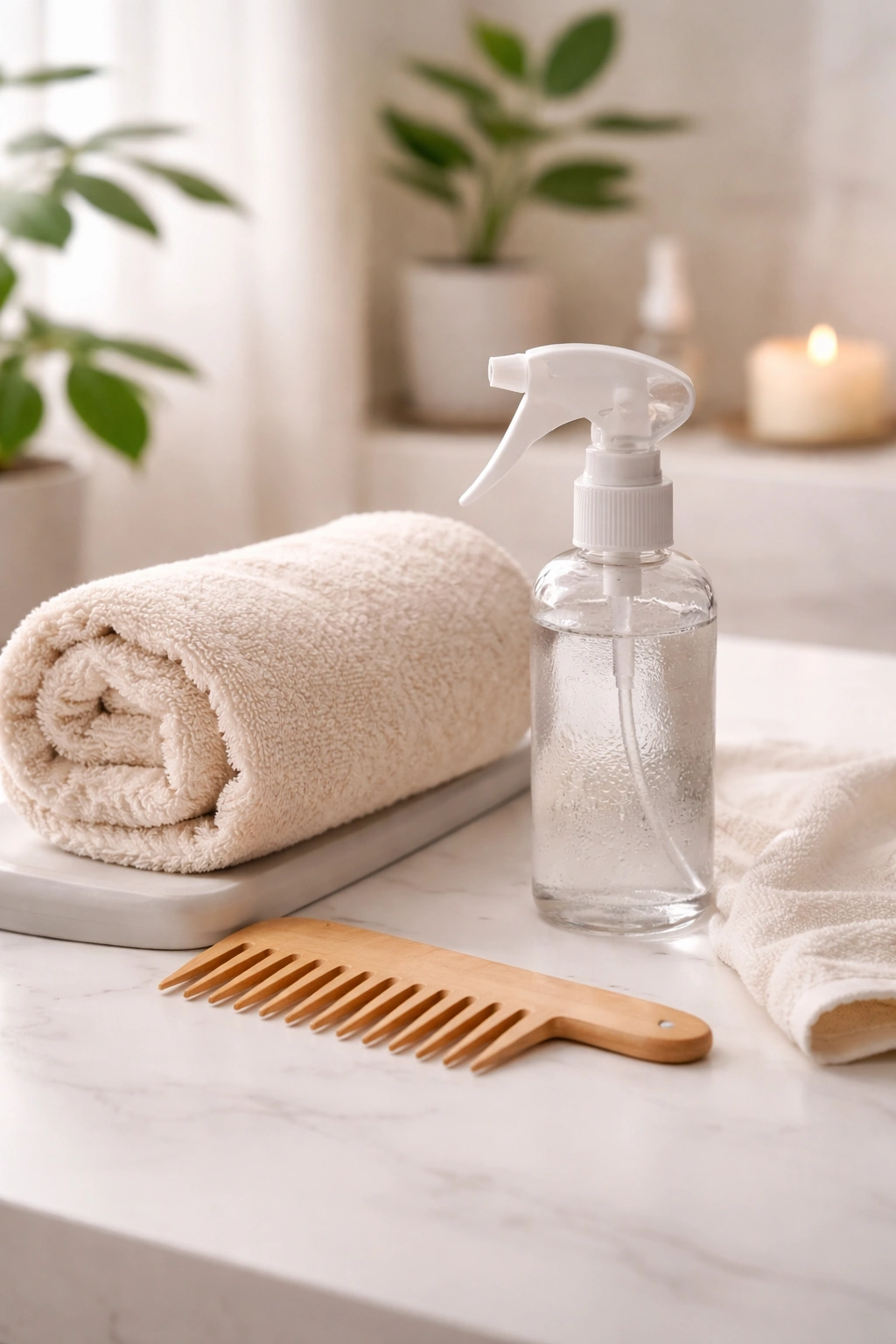Minimal vanity setup with hair care tools arranged neatly to symbolize building a routine