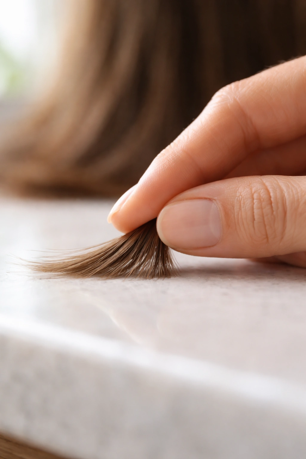 Two fingers pinching a hair strand to gauge trim amount
