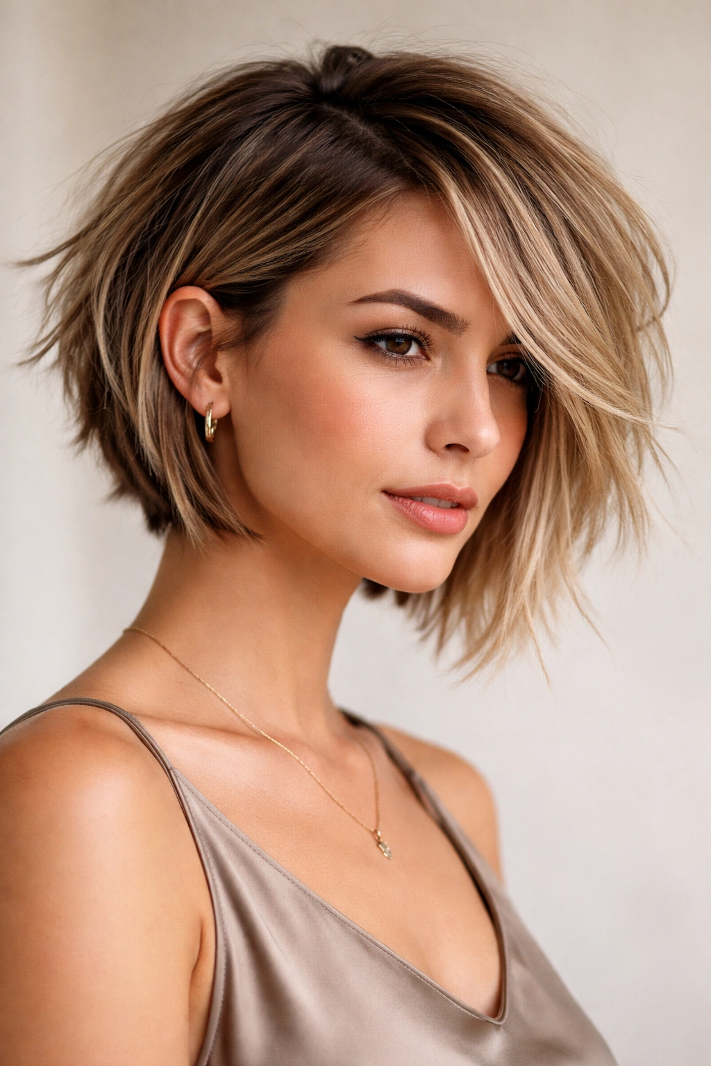 12 Short Choppy Haircuts With Natural Movement 11 Three-quarter view of an asymmetrical bob with uneven choppy layers