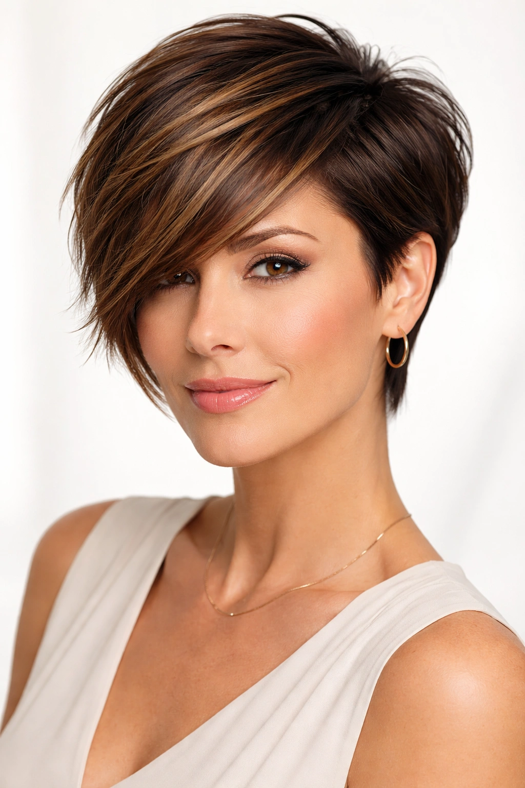 Close-up of asymmetric pixie with side bangs and caramel highlights.