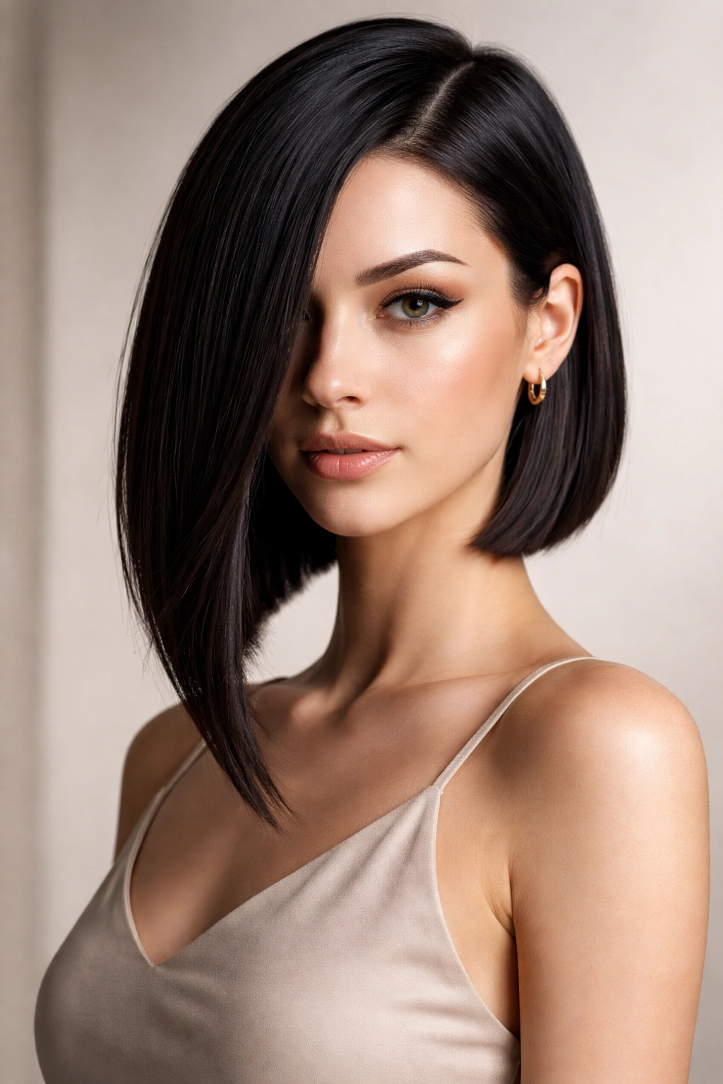 Head-and-shoulders view of an asymmetrical angled bob with one side longer