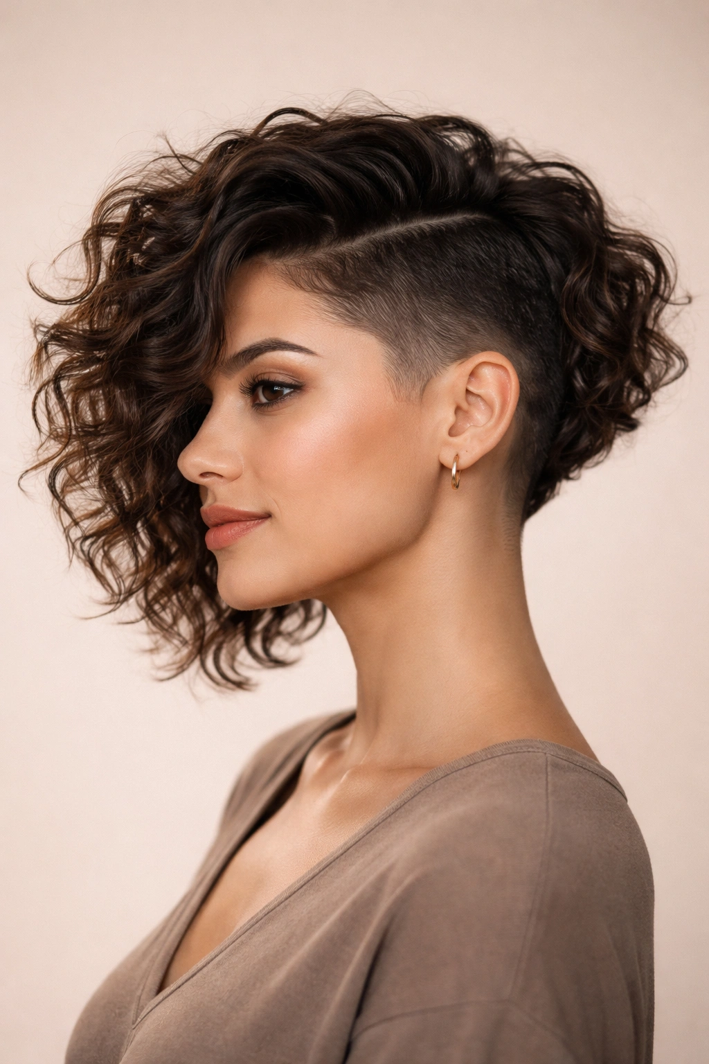 Asymmetrical angled bob with undercut and longer curled side