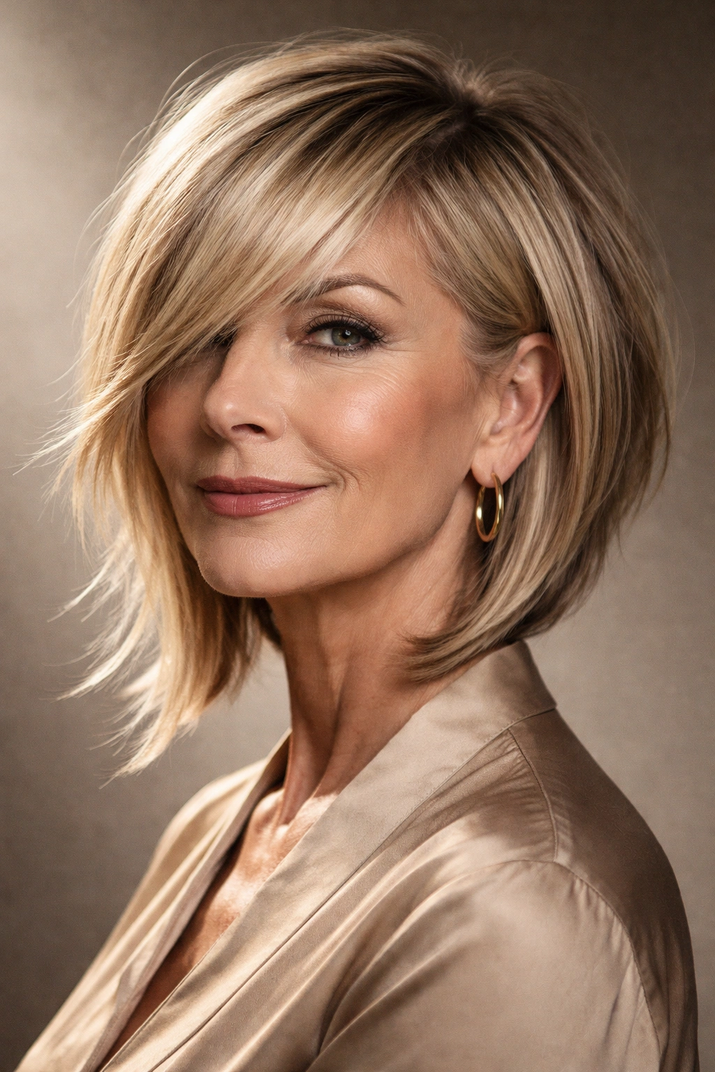 Asymmetrical bangs with angled lob on mature woman