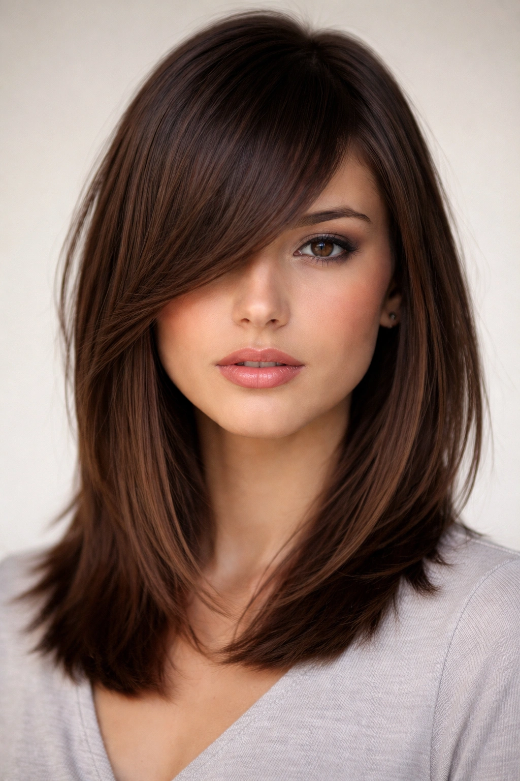 15 Bang Styles That Pair Well With Medium Hair 10 Close-up of asymmetrical bangs on medium-length hair