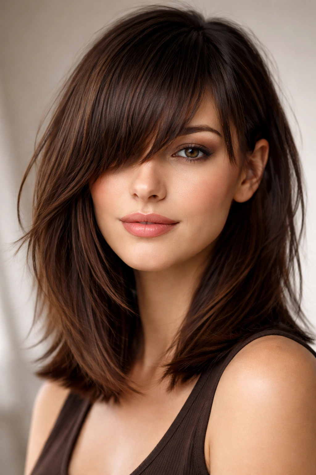 Close-up of asymmetrical bangs showing uneven lengths on medium-length hair with soft studio lighting