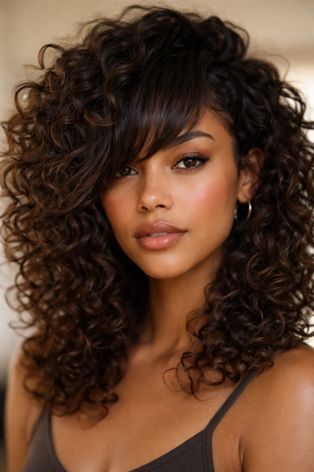 18 Gorgeous Ways To Wear Bangs With Curly Hair 12 Close-up of asymmetrical bangs with uneven lengths on curly hair.