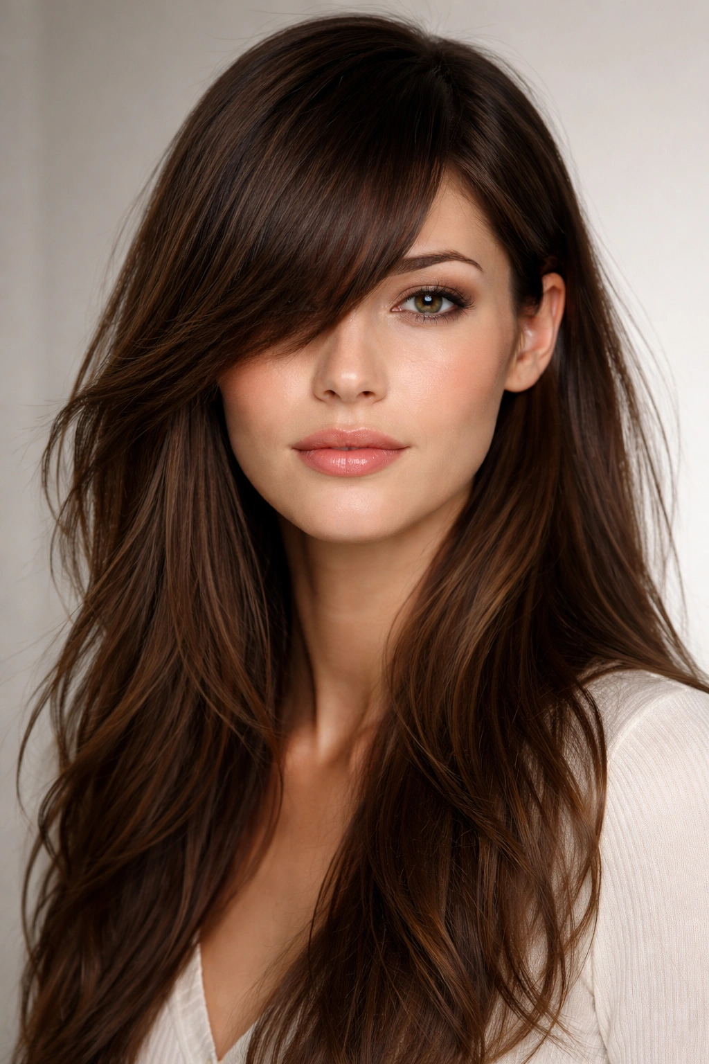 Close-up of asymmetrical bangs longer on one side creating diagonal fringe